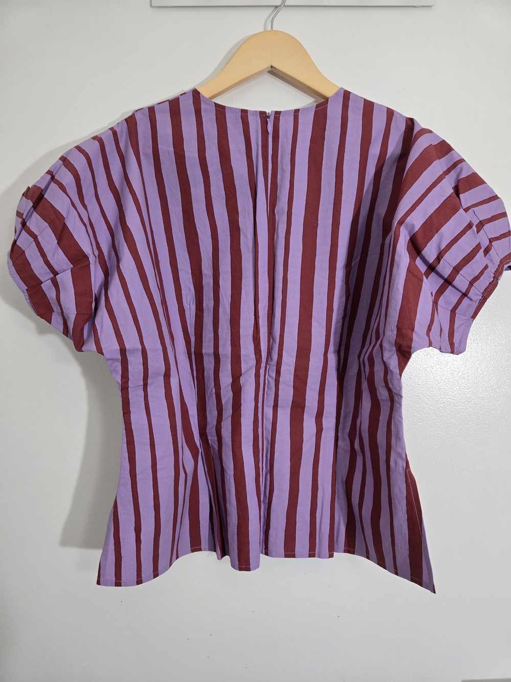 Anthropologie LINA Pink & Burgundy Striped Puff-Sleeve Blouse Mignon Doo - Picture 7 of 11